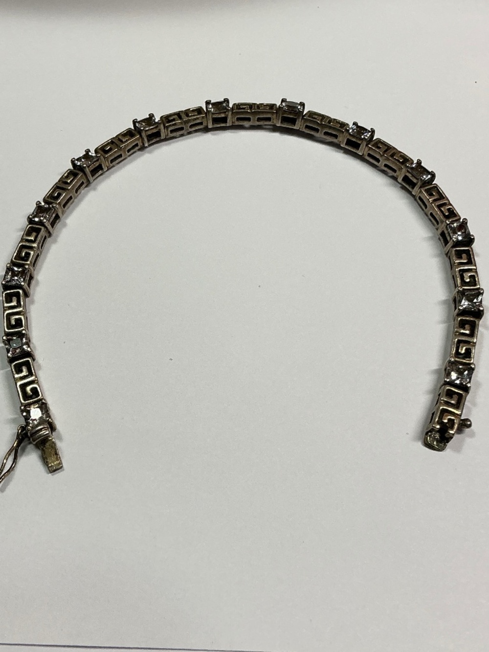 Sterling Silver Tennis Bracelet W/ Greek Key Meander Motif W/ Stones. 7.25”